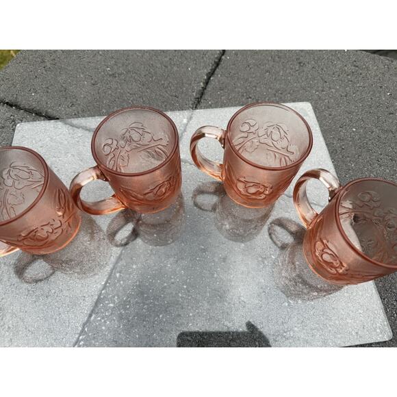 Vintage Arcoroc France Rosaline 8 Oz Pink Glass Rose Coffee Mugs ~set Of 4 - Picture 6 of 14